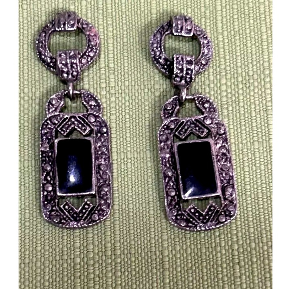 Vintage Edwardian Drop Dangle Earring with Onyx and Marcasite